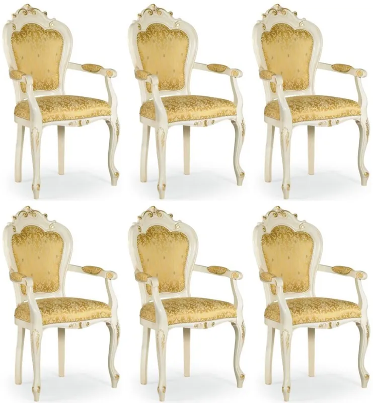 Must-Have Casa Padrino luxury baroque dining chair set with armrests gold / white / gold 58 x 50 x H. 103 cm - Baroque kitchen chairs set of 6 - Dining room furniture in baroque style