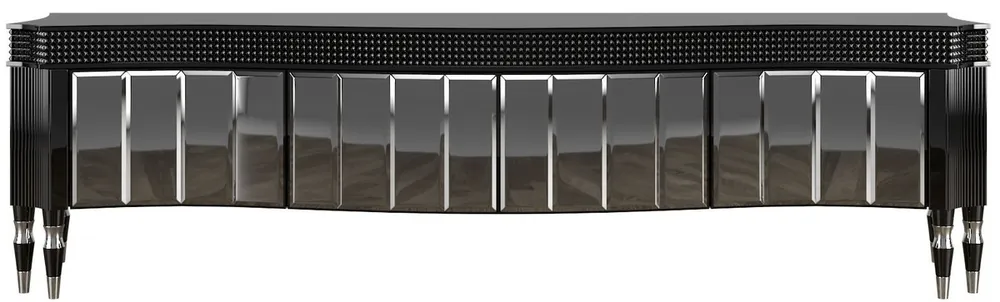 Günstig Casa Padrino luxury Art Deco TV cabinet black / silver 220 x 53 x H. 58 cm - Noble TV cabinet with 4 mirrored doors - Art Deco Living Room Furniture