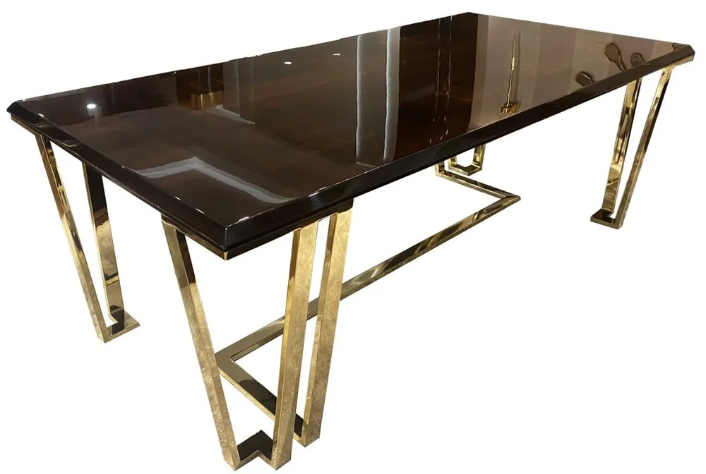 Bestpreis Casa Padrino luxury Art Deco dining table dark brown / gold 220 x 110 x H. 77 cm - Noble dining room table with glass top - Art Deco dining room furniture