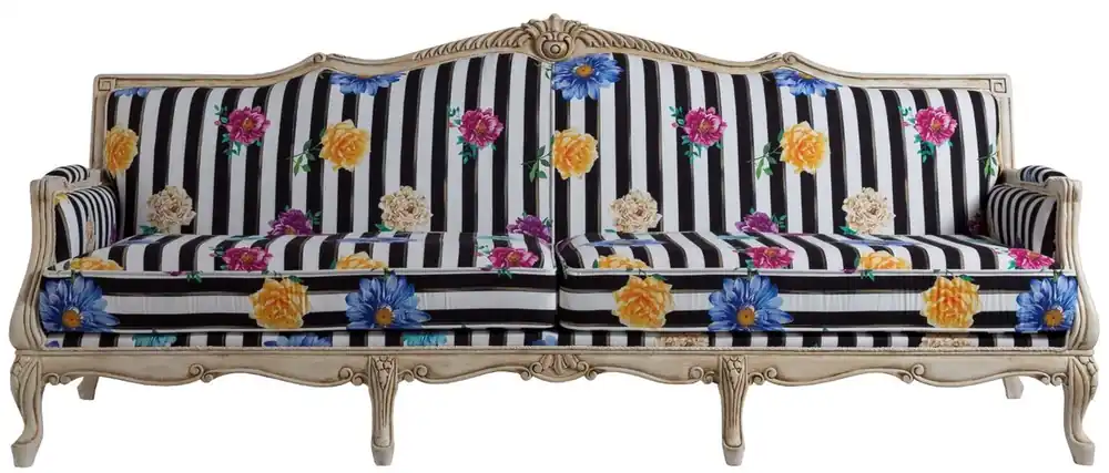 Neuheit Casa Padrino luxury baroque sofa black / white / multicolor / antique cream 245 x 80 x H. 100 cm - Striped baroque style sofa with floral pattern - Baroque living room furniture