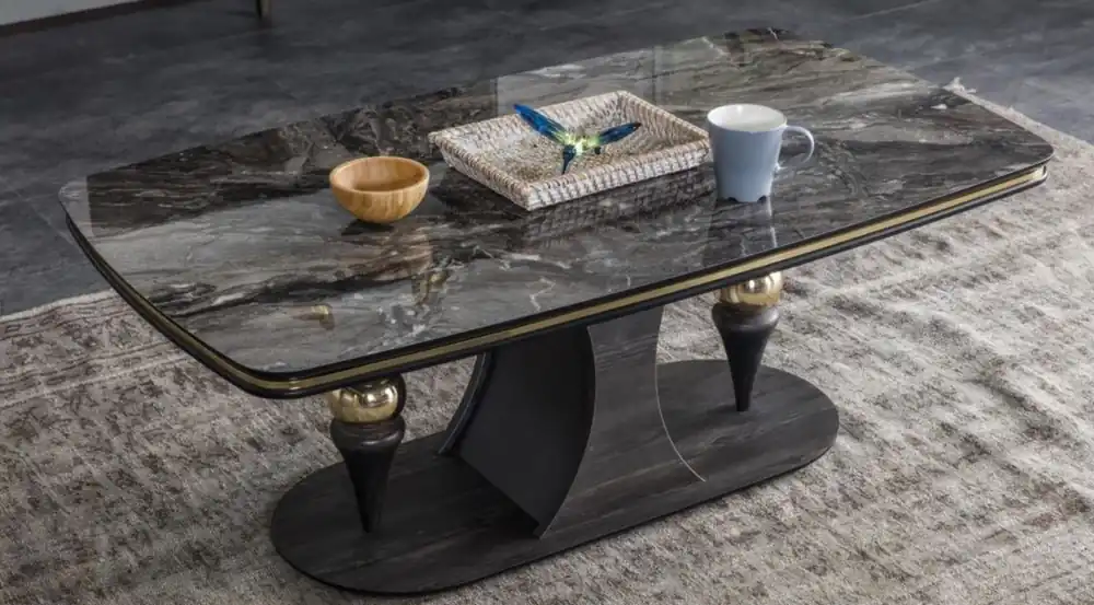Casa Padrino luxury coffee table black / gray / brass 120 x 70 x H. 46 cm - Rectangular living room table with glass top in marble look - Living room furniture Geprüft
