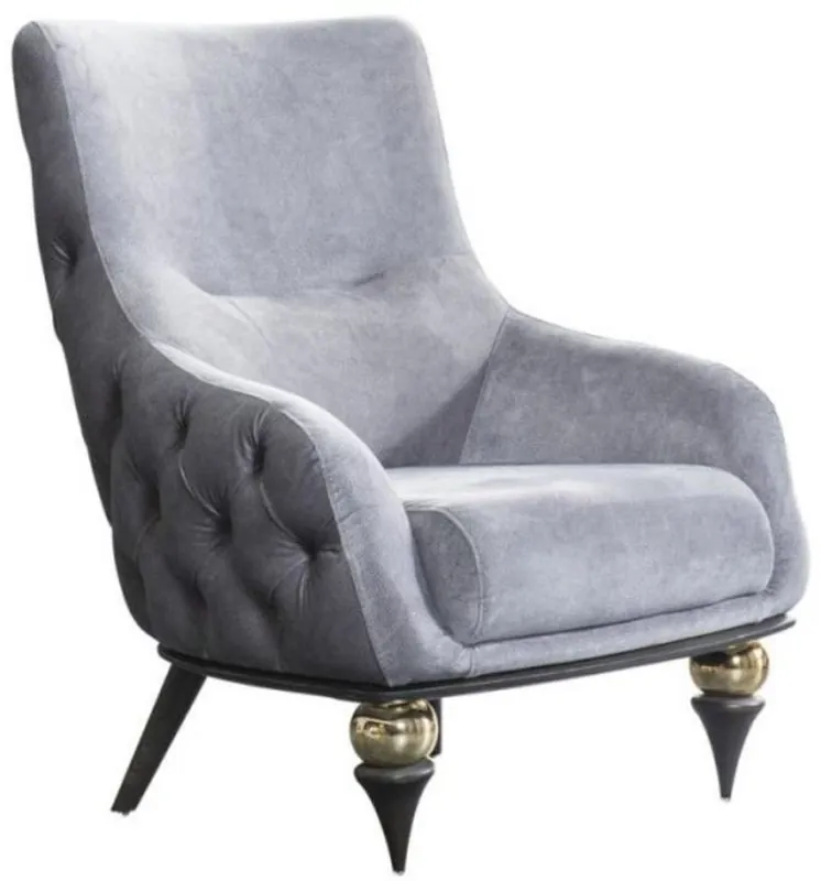 Zertifiziert Casa Padrino luxury Art Deco Chesterfield armchair light gray / black / brass 80 x 95 x H. 100 cm - Living room furniture