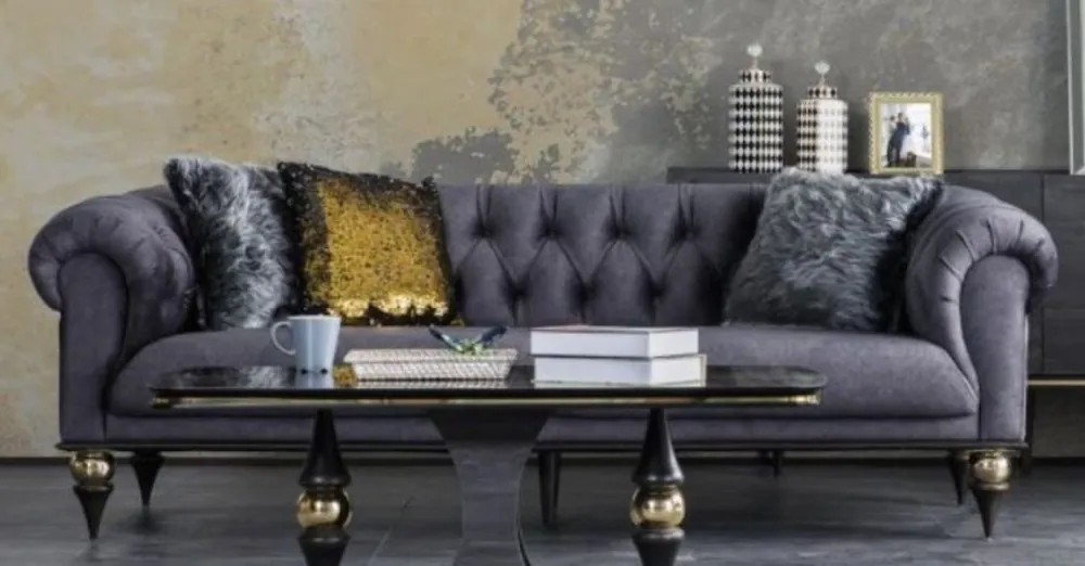 Casa Padrino luxury Art Deco Chesterfield living room sofa dark gray / black / brass 230 x 100 x H. 82 cm - Luxury Furniture Schneller Versand