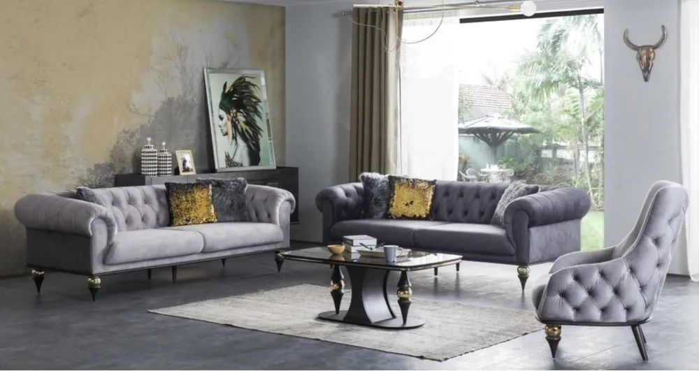 Casa Padrino Luxury Art Deco Chesterfield Living Room Set - 2 Sofas & 2 Armchairs & 1 Coffee Table with Glass Top in Marble Look - Noble Art Deco Living Room Furniture Neu Im Sortiment
