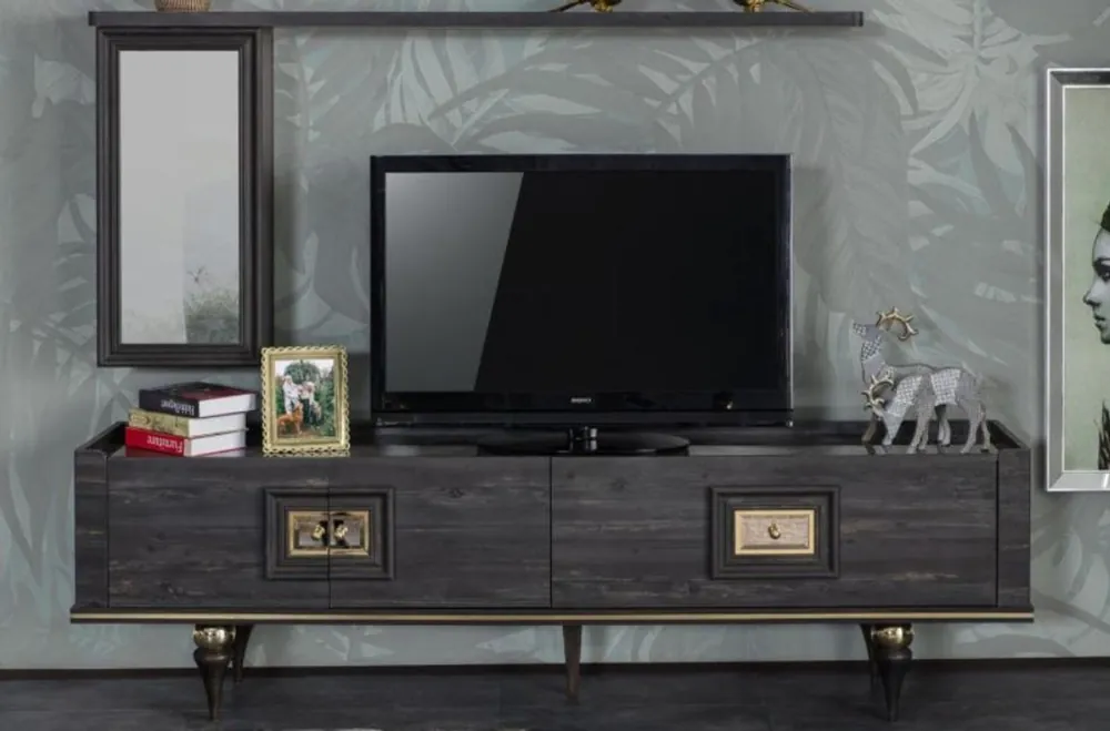 Casa Padrino luxury Art Deco TV cabinet gray / black / brass 226 x 44 x H. 65 cm - Noble living room TV cabinet with drawer and 2 doors - Art Deco Furniture Expressversand