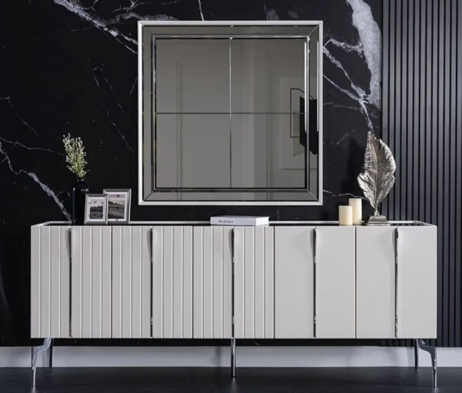 Garantierte Lieferung Casa Padrino luxury Art Deco sideboard white / black / silver 208 x 44 x H. 84 cm - Noble cabinet with 5 doors - Art Deco Furniture