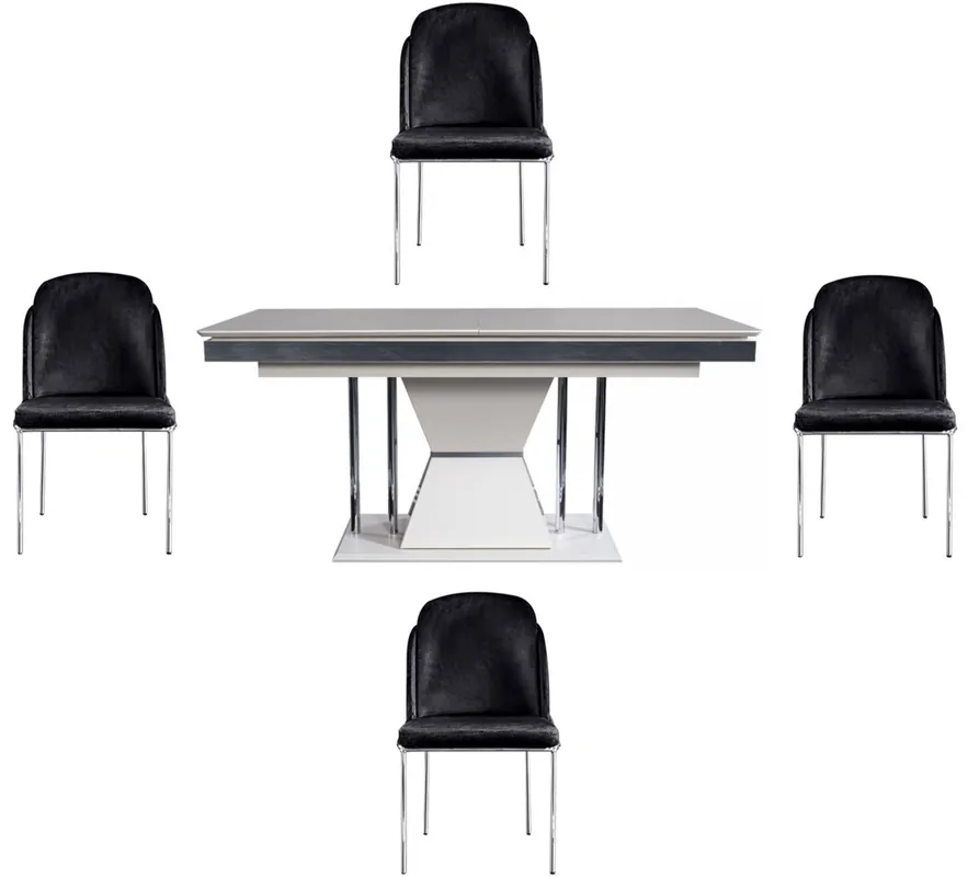 Sofort Bestellen Casa Padrino Luxury Art Deco Dining Room Set Black / White / Gray / Silver - 1 Dining Table & 4 Dining Chairs - Noble Art Deco Dining Room Furniture