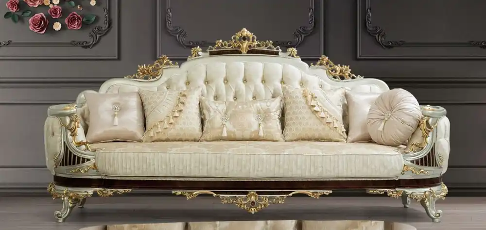 Neuheit Casa Padrino luxury baroque sofa cream / beige / dark brown / silver / gold 260 x 90 x H. 125 cm - Magnificent baroque style living room sofa with elegant pattern - Baroque Furniture