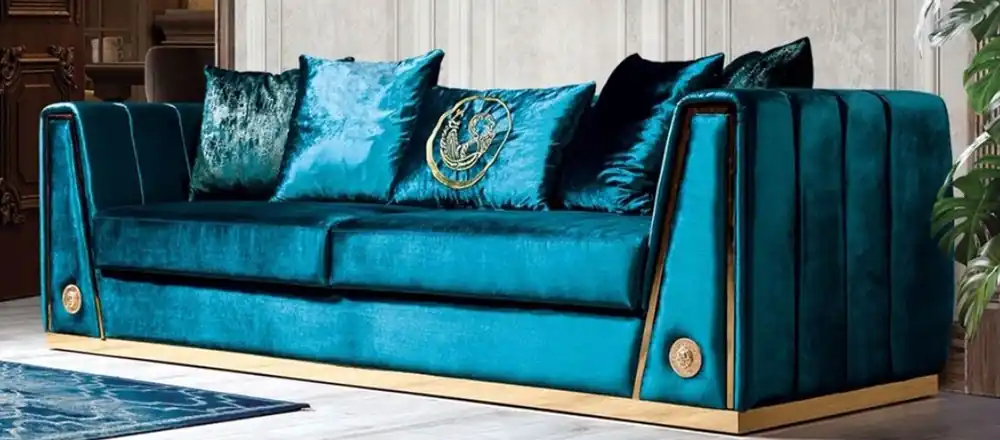 Sale Casa Padrino luxury couch turquoise / gold 260 x 90 x H. 76 cm - Noble living room sofa with decorative pillows - Luxury Furniture