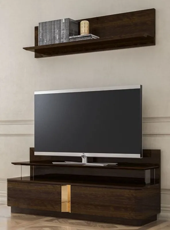 Preisreduziert Casa Padrino luxury living room TV cabinet set brown / gold - 1 TV Cabinet & 1 Wall Shelf - Noble living room furniture set - Luxury Quality
