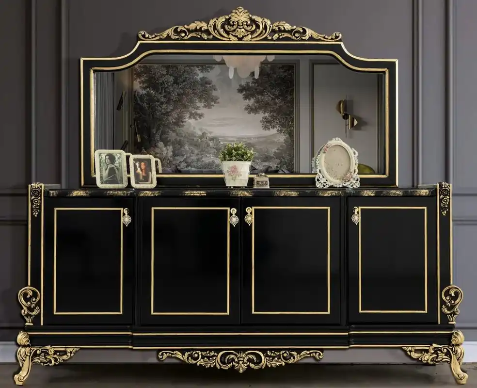 Casa Padrino luxury baroque furniture set black / gold - 1 Sideboard with 4 Doors & 1 Mirror - Noble baroque furniture - Noble & Sumptuous Abverkauf