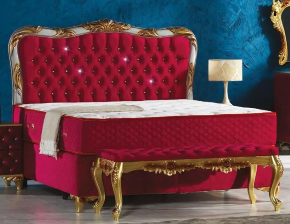 Ausverkauf Casa Padrino baroque velvet bed burgundy red / silver / gold - Ornate Double Bed with Rhinestones and Mattress - Bedroom Furniture in Baroque Style