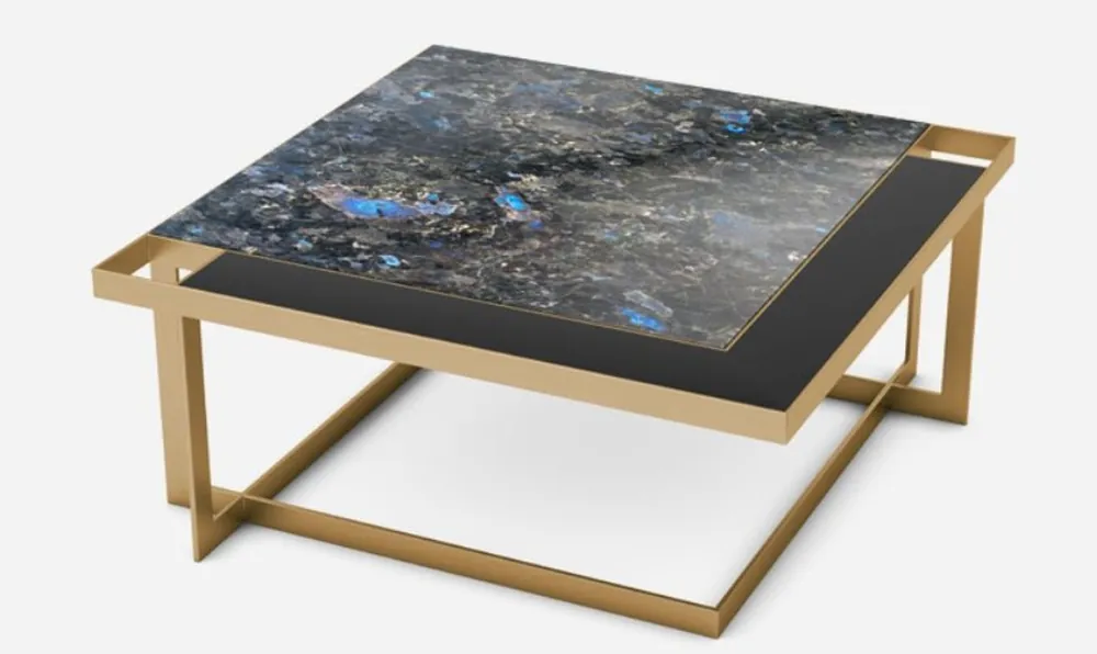 Casa Padrino luxury coffee table brass / blue-black / black 93 x 93 x H. 40 cm - Modern square living room table with granite top & glass top - Luxury living room furniture Neue Ware