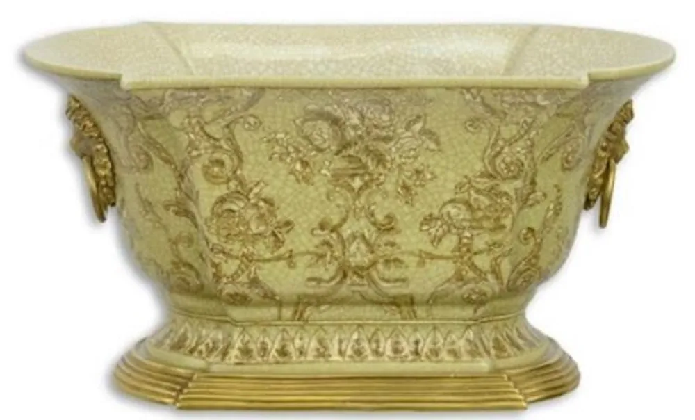 Casa Padrino Art Nouveau flower pot green / gold 26.9 x 16.7 x H. 14.1 cm - Porcelain plant pot with bronze lion head handles - Decorative Accessories Direkt Vom Hersteller