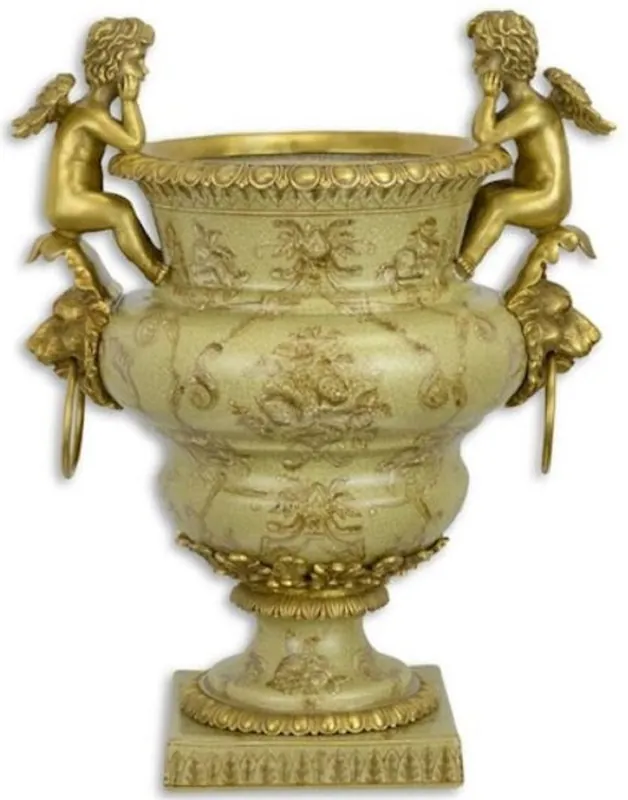 Casa Padrino Art Nouveau flower pot green / gold 27 x 19.8 x H. 33.8 cm - Porcelain plant pot with bronze angel figures and lion head handles - Decorative Accessories Zertifiziert