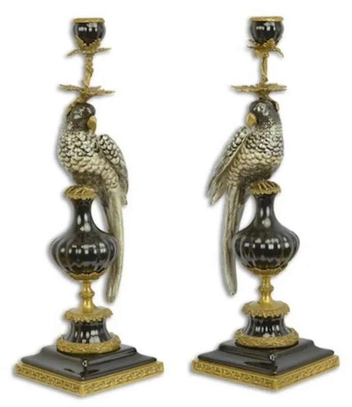 Casa Padrino Art Nouveau candle holder set parrot black / gold 16.1 x 12.8 x H. 48 cm - Elegant porcelain candlesticks - Baroque & Art Nouveau Decoration Accessories Bestpreis