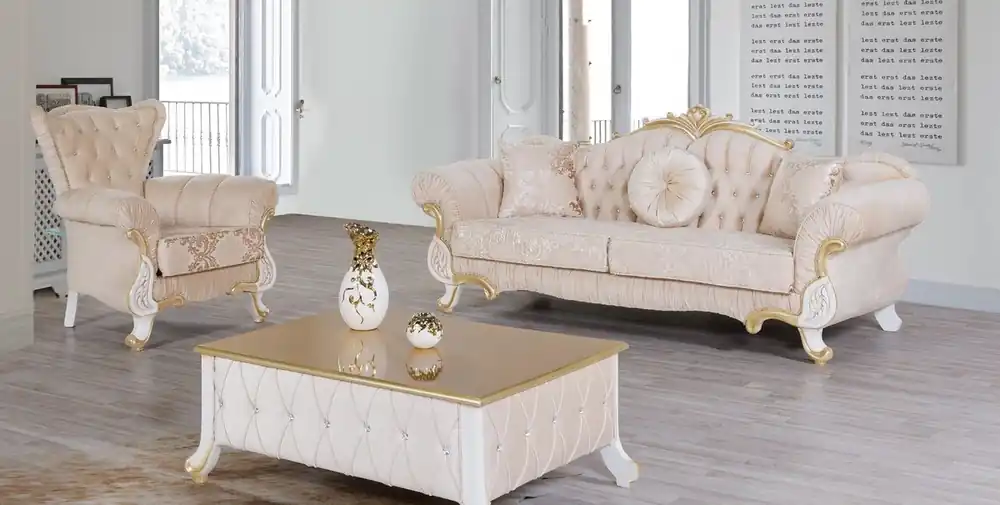 Casa Padrino baroque living room set beige / white / gold - 2 Sofas & 2 Armchairs & 1 Coffee Table - Living room furniture in baroque style - Noble Baroque Furniture Angebot