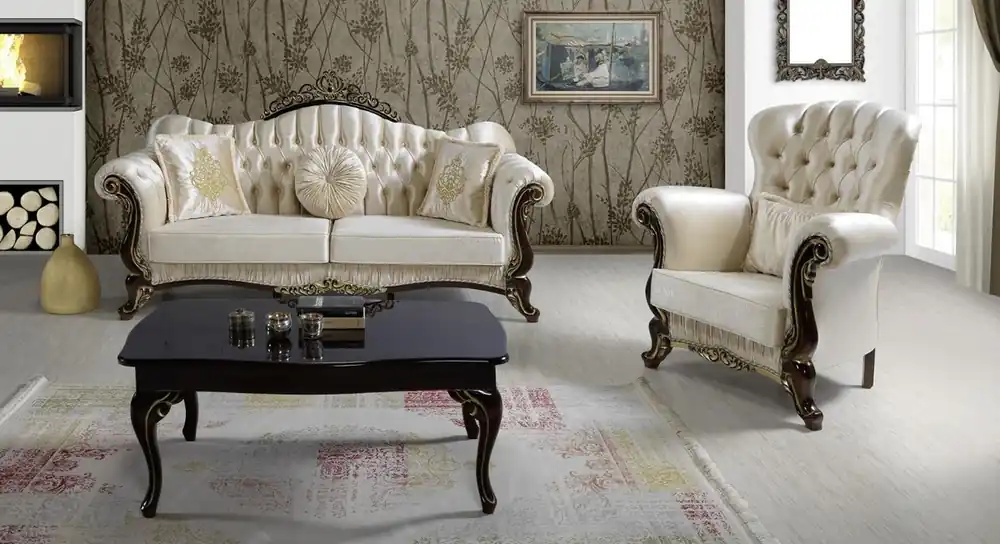 Casa Padrino baroque living room set champagne / black / gold - 2 Sofas & 2 Armchairs & 1 Coffee Table - Living room furniture - Noble & Ornate Highlight