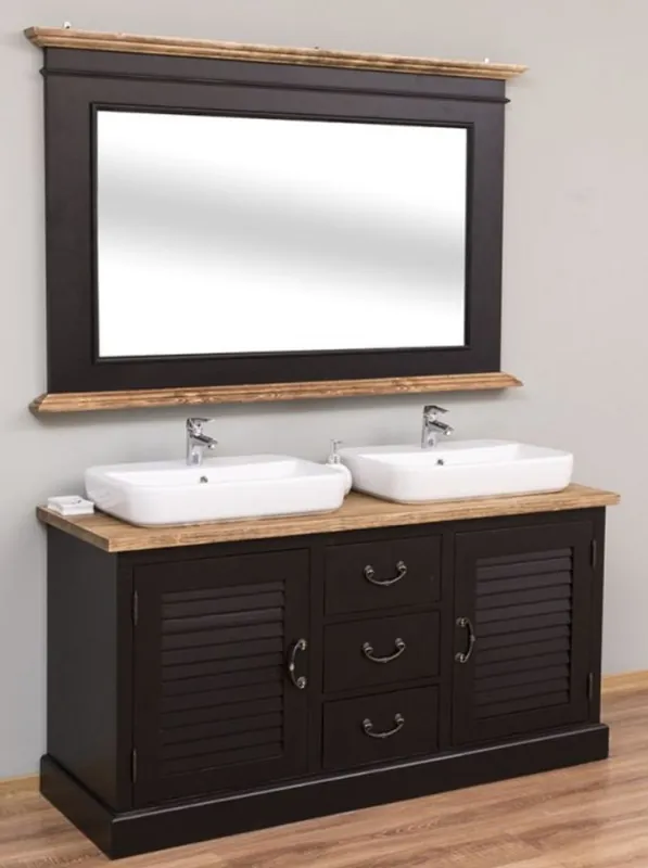 Casa Padrino Country Style Bathroom Set Black / Natural - 1 Double Washstand & 1 Wall Mirror - Country Style Bathroom Furniture Must-Have