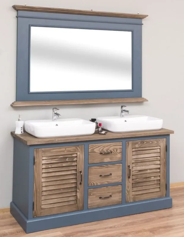 Echt Casa Padrino Country Style Bathroom Set Blue / Brown - 1 Double Washstand & 1 Wall Mirror - Country Style Bathroom Furniture