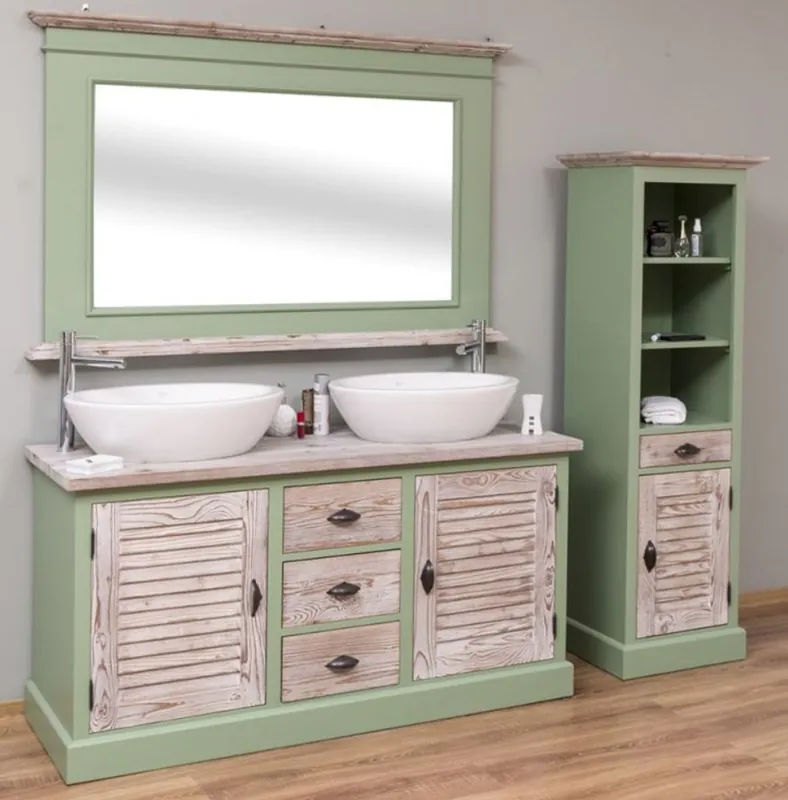 Jetzt Kaufen Casa Padrino Country Style Bathroom Set Green / Natural - 1 Double Washstand & 1 Wall Mirror & 1 Shelf Cabinet - Solid Wood Bathroom Furniture in Country Style
