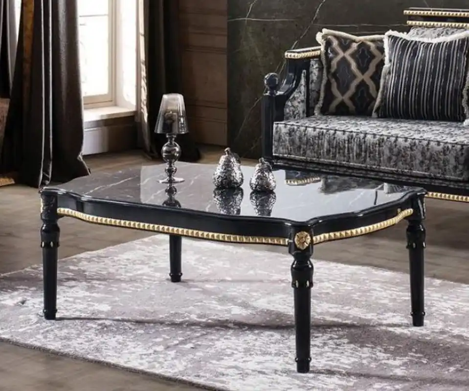 Casa Padrino luxury baroque coffee table black / gold 115 x 75 x H. 45 cm - Rectangular living room table with glass top in marble look - Noble living room furniture in baroque style Zertifiziert