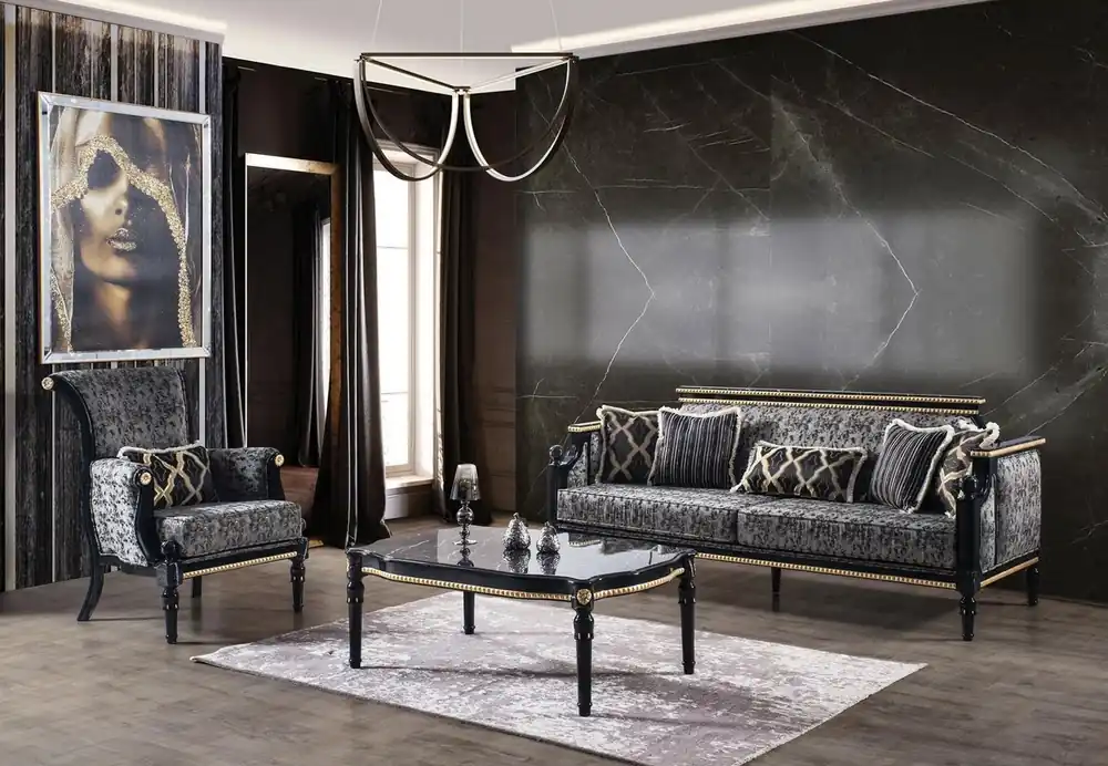 Casa Padrino luxury baroque living room set gray / black / gold - 2 Sofas & 2 Armchairs & 1 Coffee Table with Glass Top in Marble Look - Living room furniture in baroque style - Noble & Magnificent Bestseller