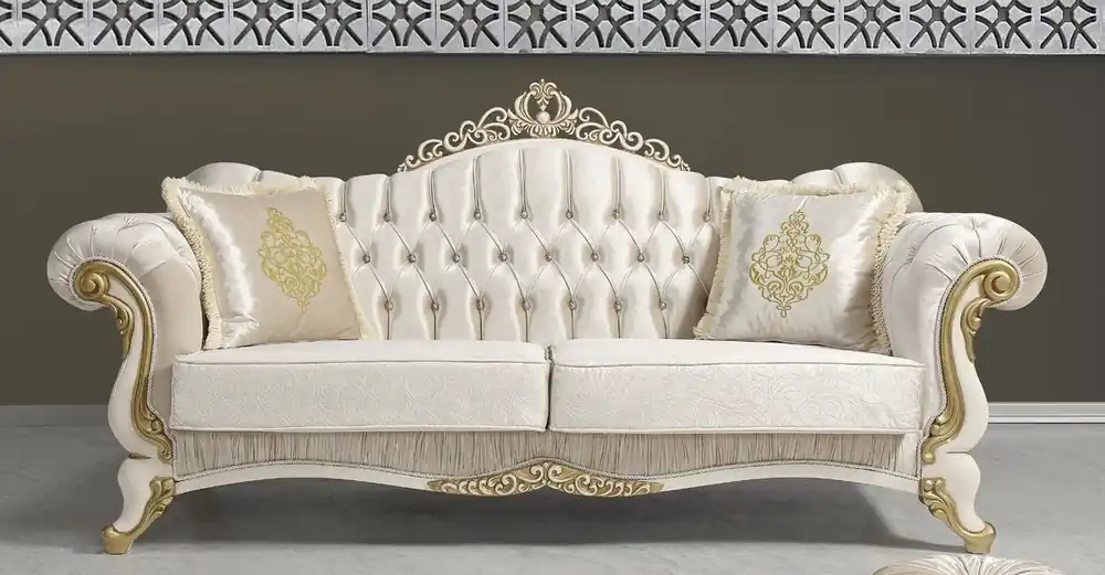 Sichere Zahlung Casa Padrino baroque living room sofa with rhinestones champagne / cream / gold 224 x 83 x H. 112 cm - Living room furniture - Noble & Ornate