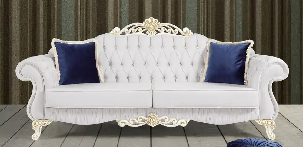 Direktkauf Casa Padrino baroque sofa light gray / white / gold 235 x 85 x H. 112 cm - Noble living room sofa with rhinestones - Baroque Furniture