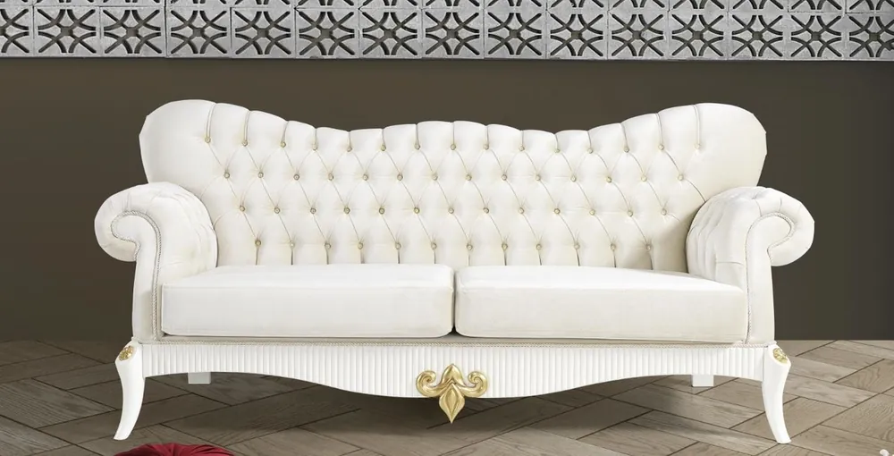 Casa Padrino baroque sofa cream / white / gold 224 x 83 x H. 112 cm - Living room sofa with rhinestones - Noble baroque furniture Neu Im Sortiment