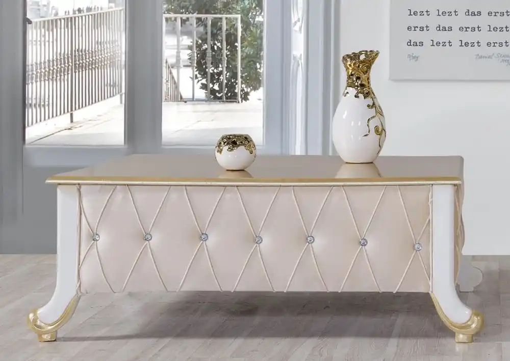 Billig Casa Padrino baroque coffee table beige / white / gold 100 x 64 x H. 43 cm - Noble baroque style living room table with rhinestones - Baroque Furniture