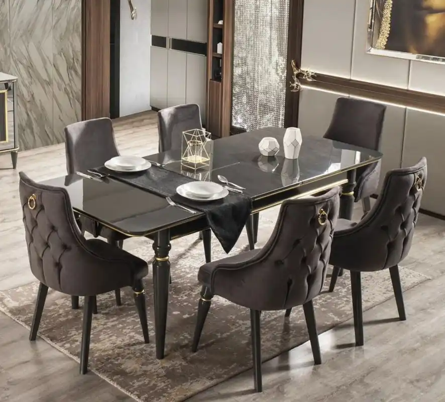 Casa Padrino Luxury Art Deco Dining Room Set Gray / Gold - 1 Extendable Dining Room Table & 6 Dining Chairs - Art Deco Dining Furniture - Luxury Quality Sichere Zahlung