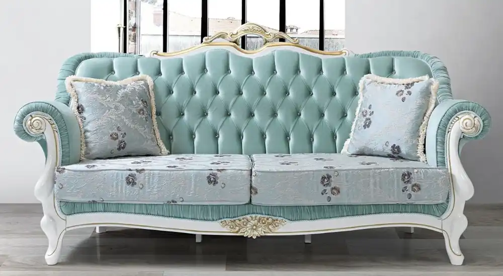 Casa Padrino baroque living room sofa with rhinestones and floral pattern light green / light blue / white / gold 215 x 80 x H. 120 cm - Baroque Furniture Direktkauf