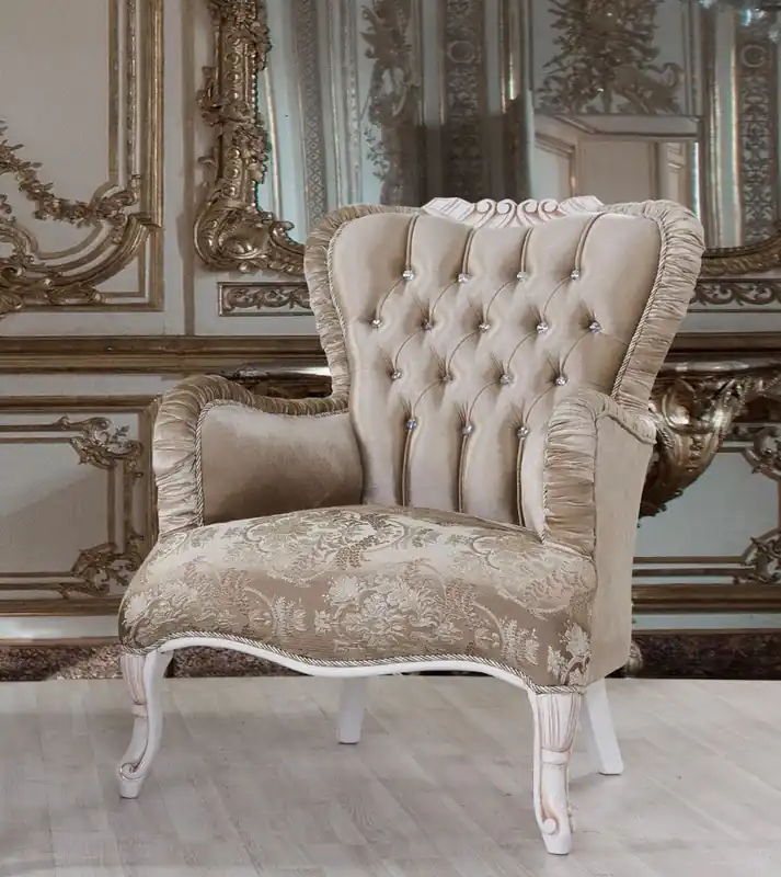 Casa Padrino baroque armchair brown / white / beige 80 x 82 x H. 100 cm - Magnificent living room armchair with rhinestones - Baroque style furniture Highlight