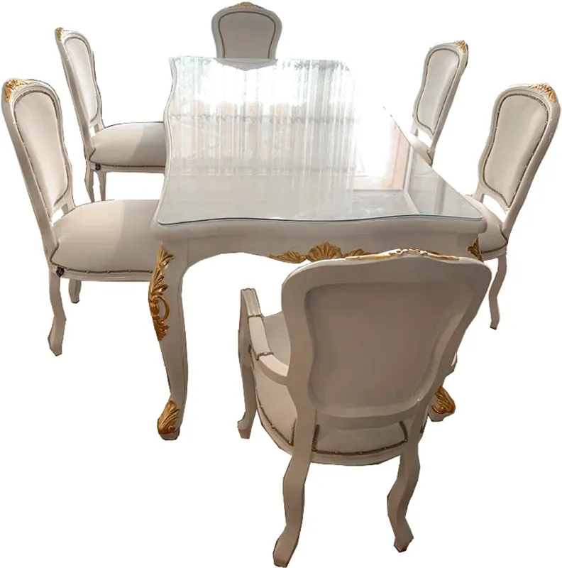 Casa Padrino Luxury Baroque Dining Set White / Gold - 1 Dining Table with Glass Top and 6 Dining Chairs with Faux Leather - Made in Italy - Luxury Collection Abverkauf