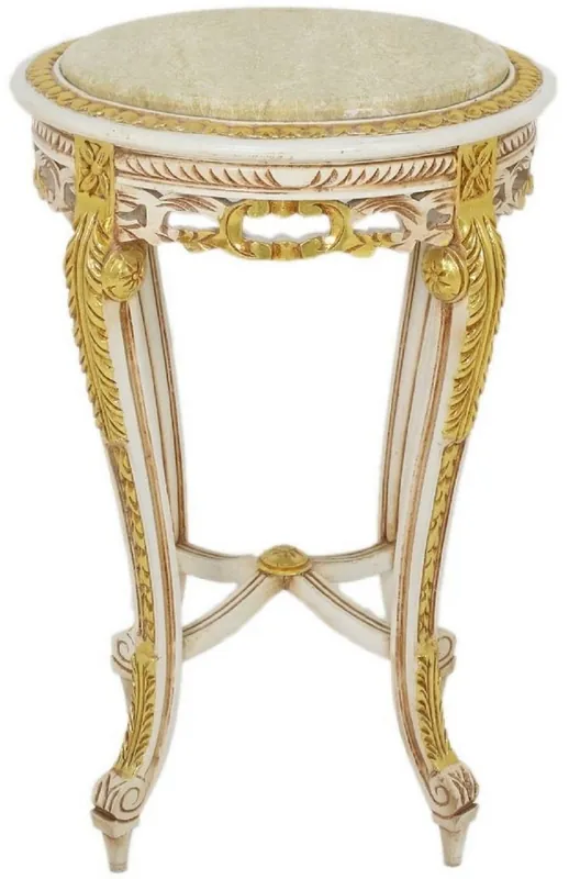 Casa Padrino baroque side table with marble top white / beige / gold / cream Ø 40 x H. 60 cm - Round antique style table - Baroque living room furniture Top-Seller