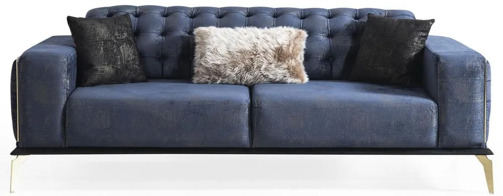 Casa Padrino luxury Art Deco Chesterfield sofa blue / gray / black / brass 236 x 99 x H. 86 cm - Noble living room sofa with decorative pillows - Luxury Quality Top-Preis