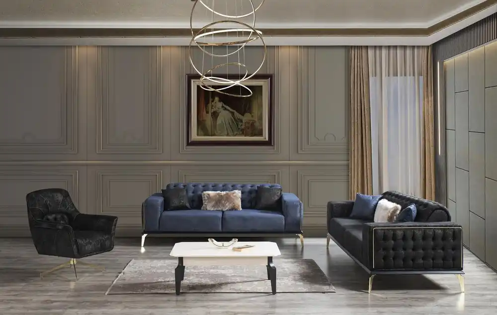 Casa Padrino luxury Art Deco Chesterfield living room set black / blue / white - 2 Sofas & 2 Swivel Armchairs & 1 Coffee Table - Noble living room furniture Sonderaktion