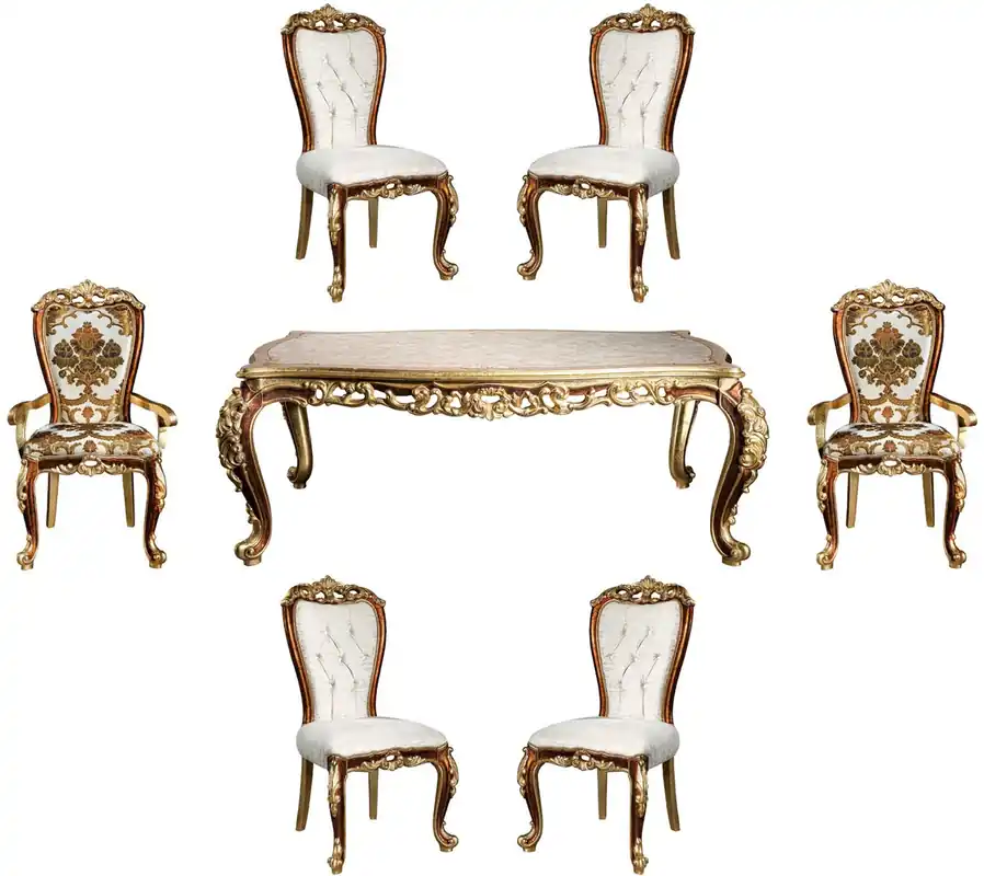 Casa Padrino Luxury Baroque Dining Room Set White / Gold / Brown / Gold - 1 Dining Room Table & 6 Dining Chairs - Noble Dining Room Furniture in Baroque Style - Noble & Magnificent Geprüft