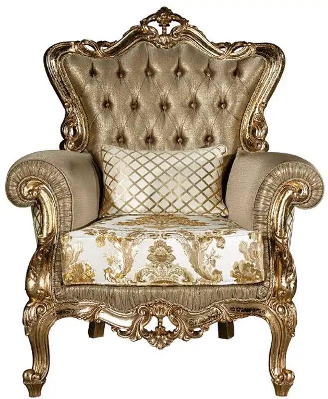 Echt Casa Padrino luxury baroque living room armchair with decorative pillow gold / white 98 x 90 x H. 117 cm - Magnificent Baroque Furniture