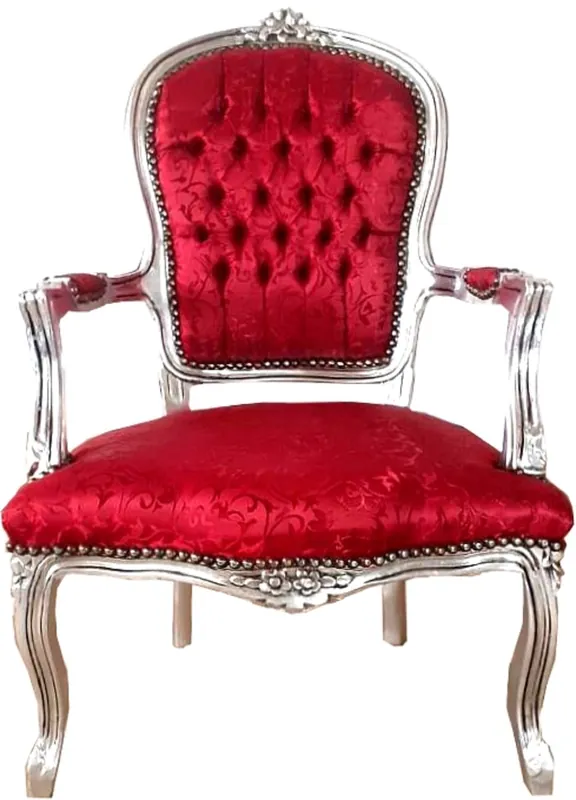 Top-Preis Casa Padrino baroque salon chair bordeaux red pattern / silver 60 x 50 x H. 93 cm - Handcrafted antique style chair with fine satin fabric - Baroque style furniture