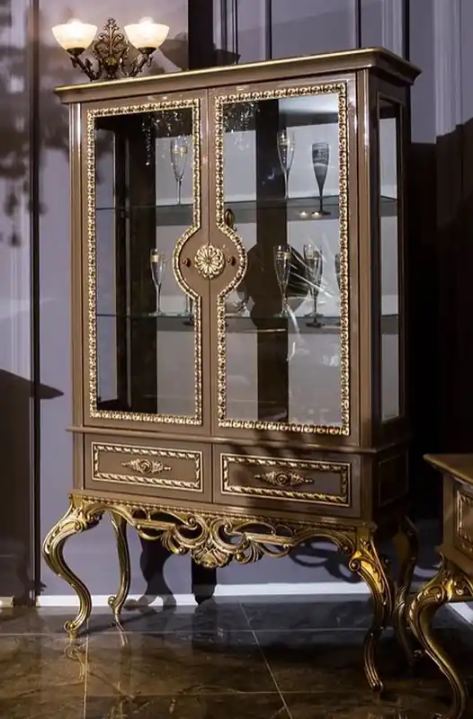 Casa Padrino luxury baroque display cabinet gray / gold 125 x 43 x H. 193 cm - Noble solid wood display cabinet with 2 glass doors and 2 drawers - Baroque Furniture Top-Seller