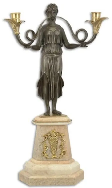 Casa Padrino baroque candle holder with a decorative bronze figure and marble base 29.5 x 19.5 x H. 53.2 cm - Elegant 2-flame candlestick - Living room decoration accessories Heißes Angebot