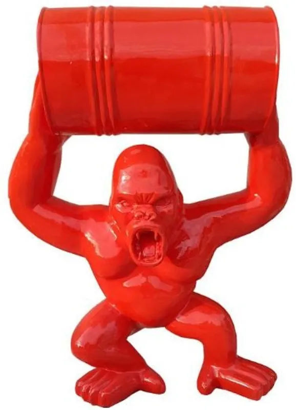 Letzte Chance Casa Padrino Designer Deco Sculpture Gorilla Monkey with Barrel Red H. 100 cm - Weatherproof Deco Figure - Designer Deco Animal Figure