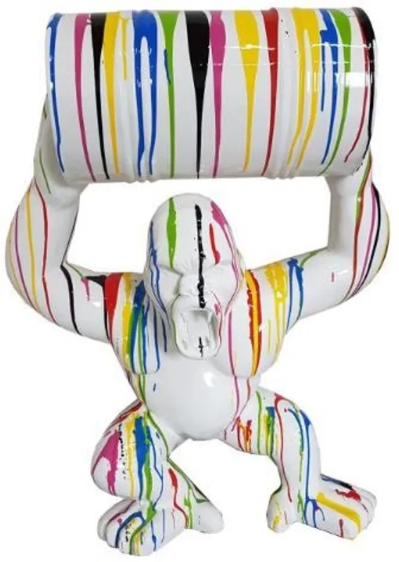 Casa Padrino Designer Deco Sculpture Gorilla Monkey with Barrel White / Multicolor H. 100 cm - Weatherproof Deco Figure - Designer Deco Animal Figure Preis Gesenkt