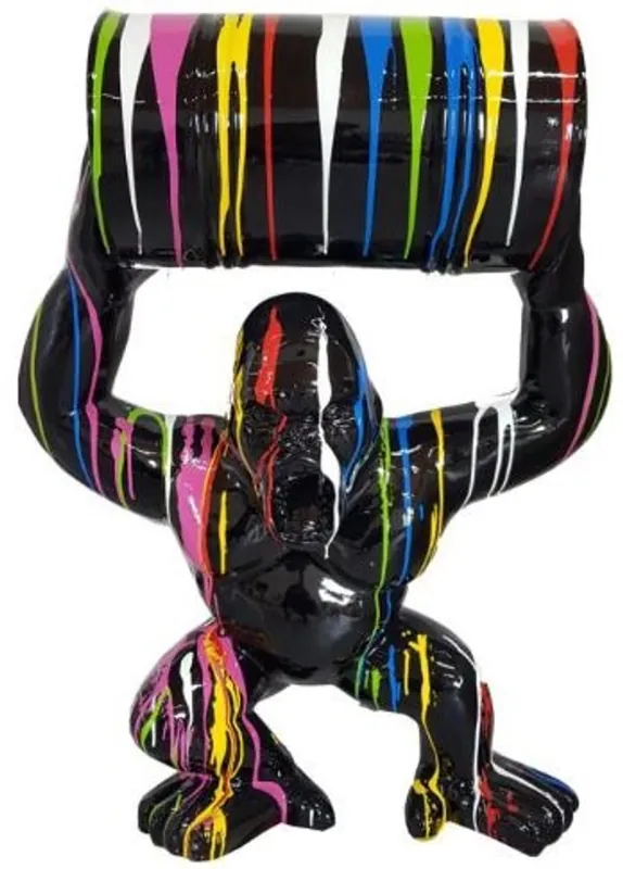 Casa Padrino Designer Deco Sculpture Gorilla Monkey with Barrel Black / Multicolor H. 100 cm - Weatherproof Deco Figure - Designer Deco Animal Figure Ausverkauf