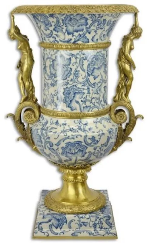 Casa Padrino baroque deco vase cream / blue / gold 53 x 47.8 x H. 85.7 cm - Magnificent porcelain flower vase with 2 bronze handles - Decorative accessories in baroque style Ausverkauf