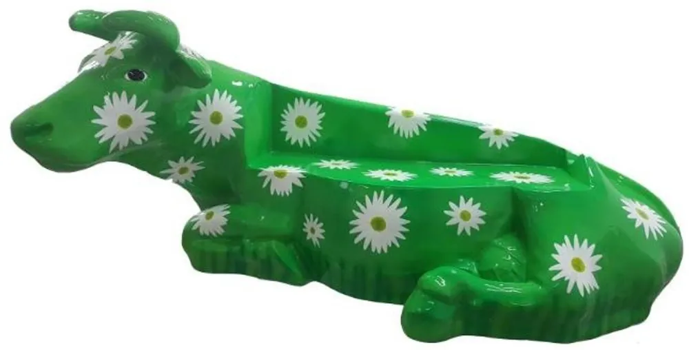 Casa Padrino designer bench cow with flower design green / white 200 x H. 98 cm - Weatherproof cow sculpture garden bench - Garden & terrace decoration accessories Preisknaller