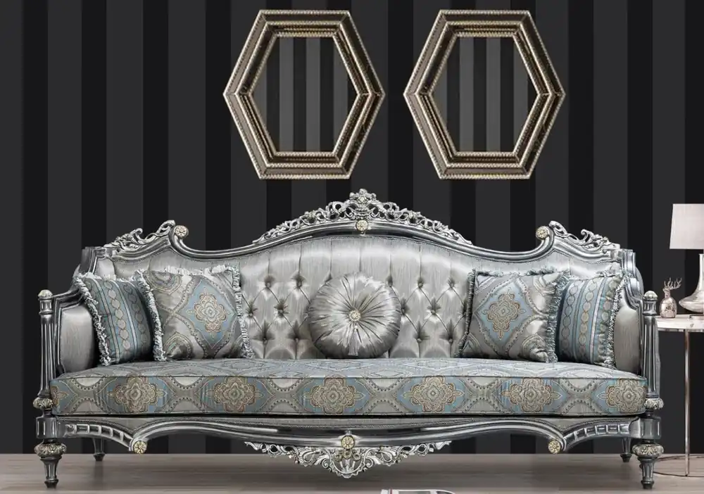 Casa Padrino luxury baroque sofa silver / turquoise / gold 248 x 96 x H. 118 cm - Magnificent solid wood living room sofa with elegant pattern and decorative pillows - Baroque living room furniture Wochenendangebot