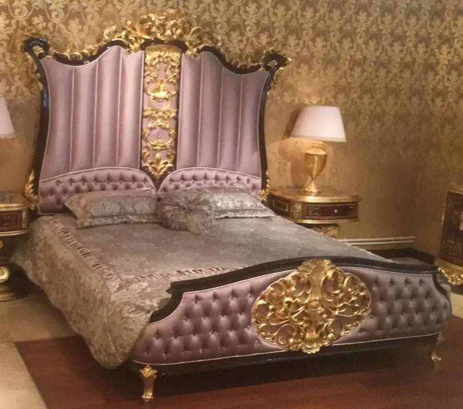 Neu Im Sortiment Casa Padrino luxury baroque double bed pink / dark brown / gold - Noble solid wood bed with headboard - Magnificent bedroom furniture in baroque style